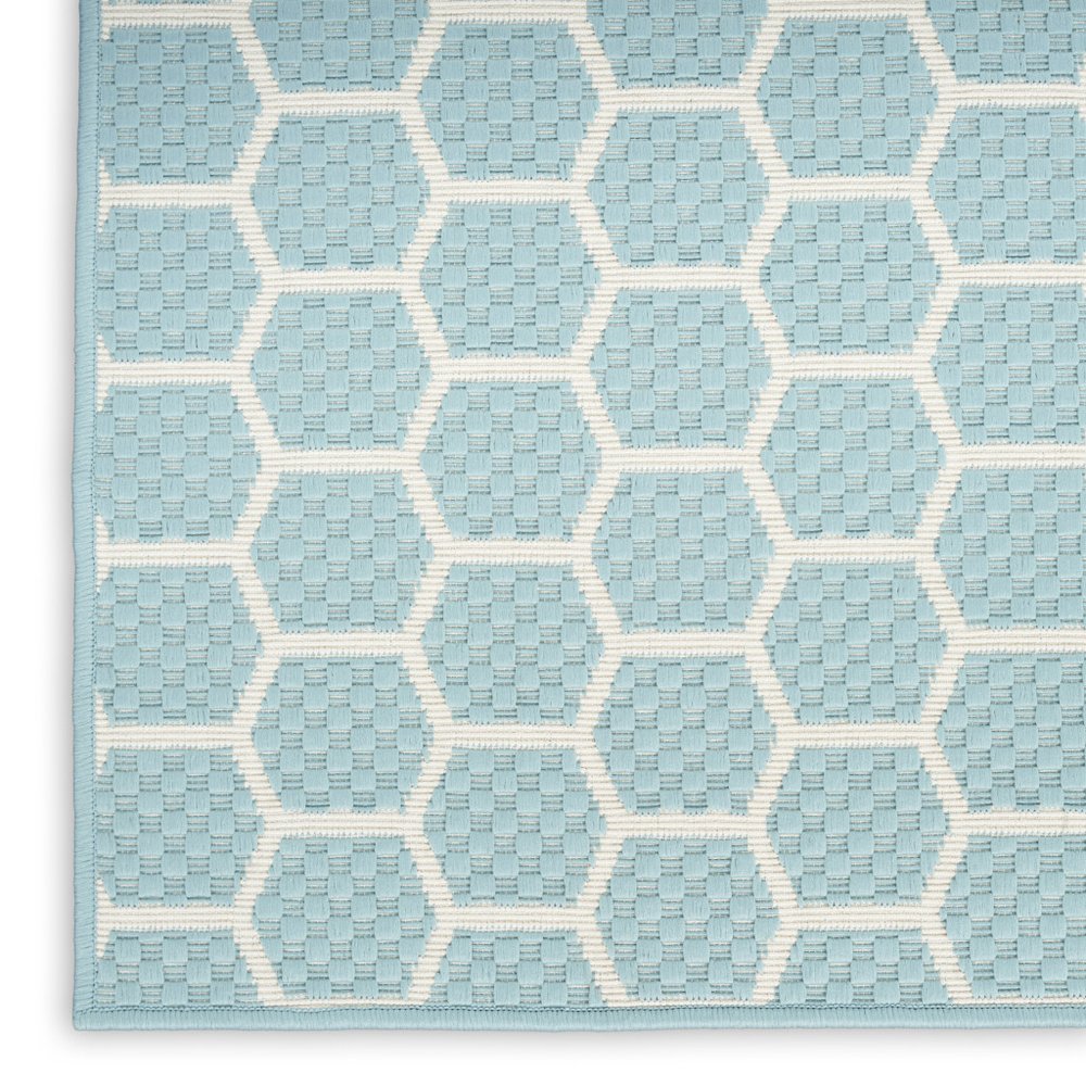 8' Aqua And Ivory Geometric Indoor Outdoor Runner Rug — view 5