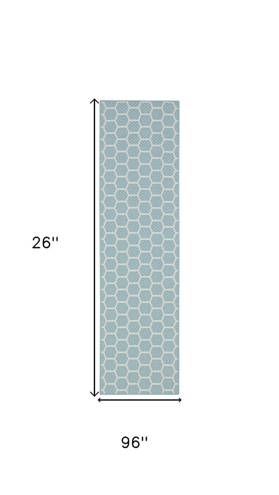 8' Aqua And Ivory Geometric Indoor Outdoor Runner Rug — view 8