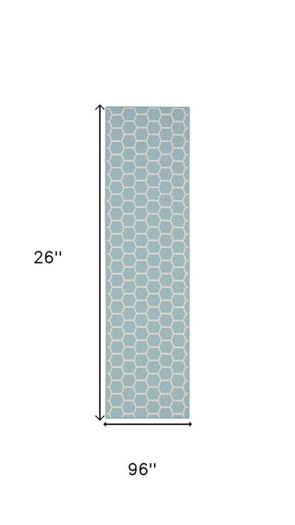 8' Aqua And Ivory Geometric Indoor Outdoor Runner Rug HomeRoots