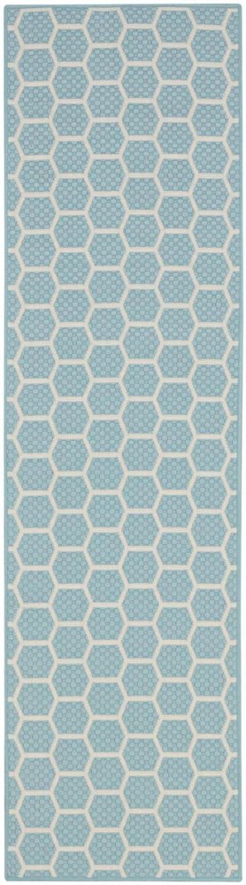 8' Aqua And Ivory Geometric Indoor Outdoor Runner Rug HomeRoots