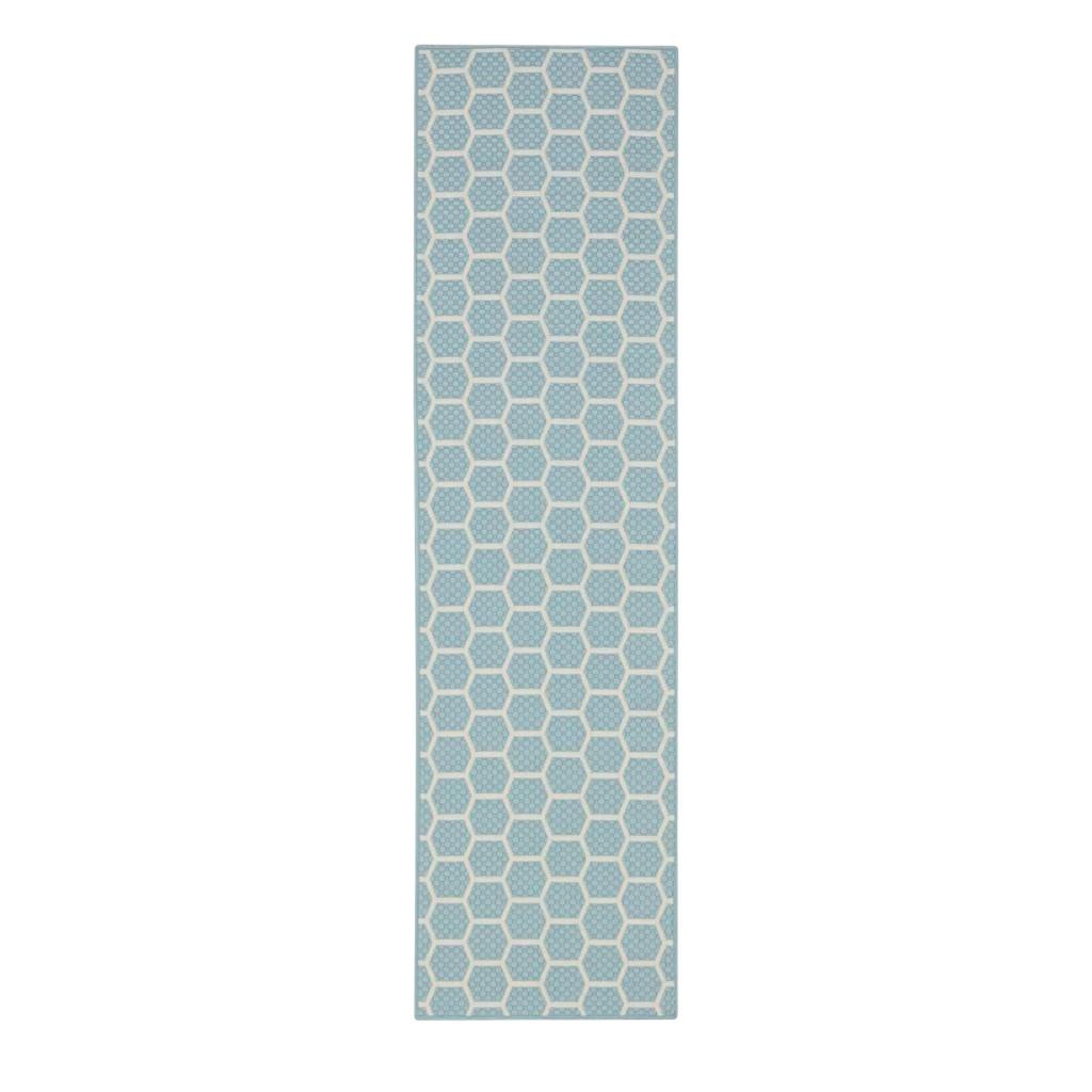 8' Aqua And Ivory Geometric Indoor Outdoor Runner Rug