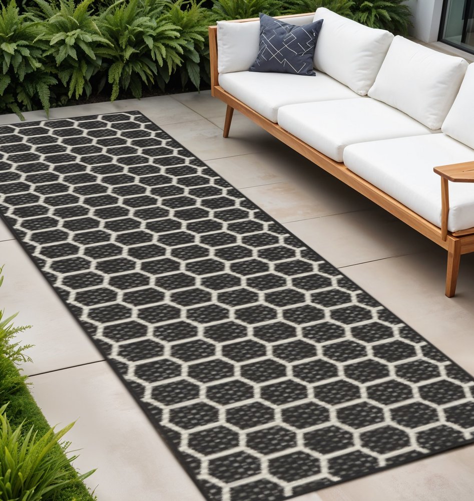 8' Black And Ivory Geometric Indoor Outdoor Runner Rug HomeRoots