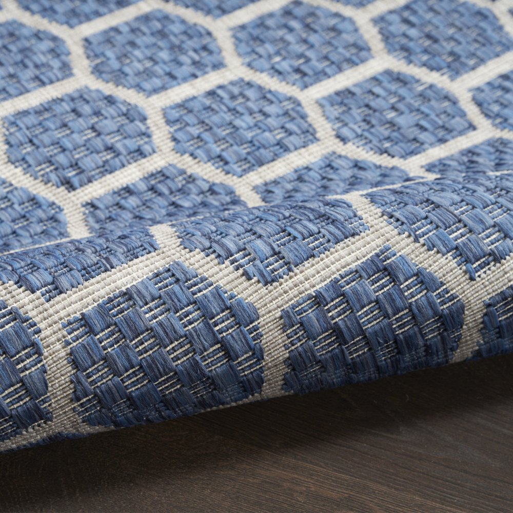 8' Blue And Ivory Geometric Indoor Outdoor Runner Rug