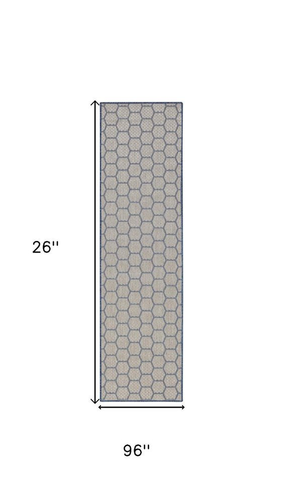 8' Blue And Ivory Geometric Indoor Outdoor Runner Rug — view 8