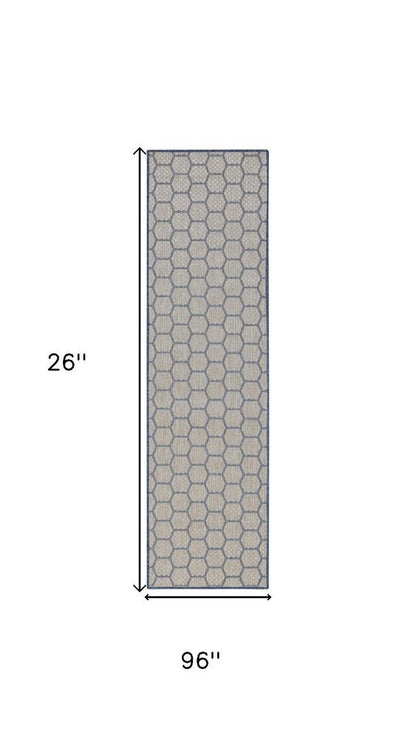 8' Blue And Ivory Geometric Indoor Outdoor Runner Rug HomeRoots
