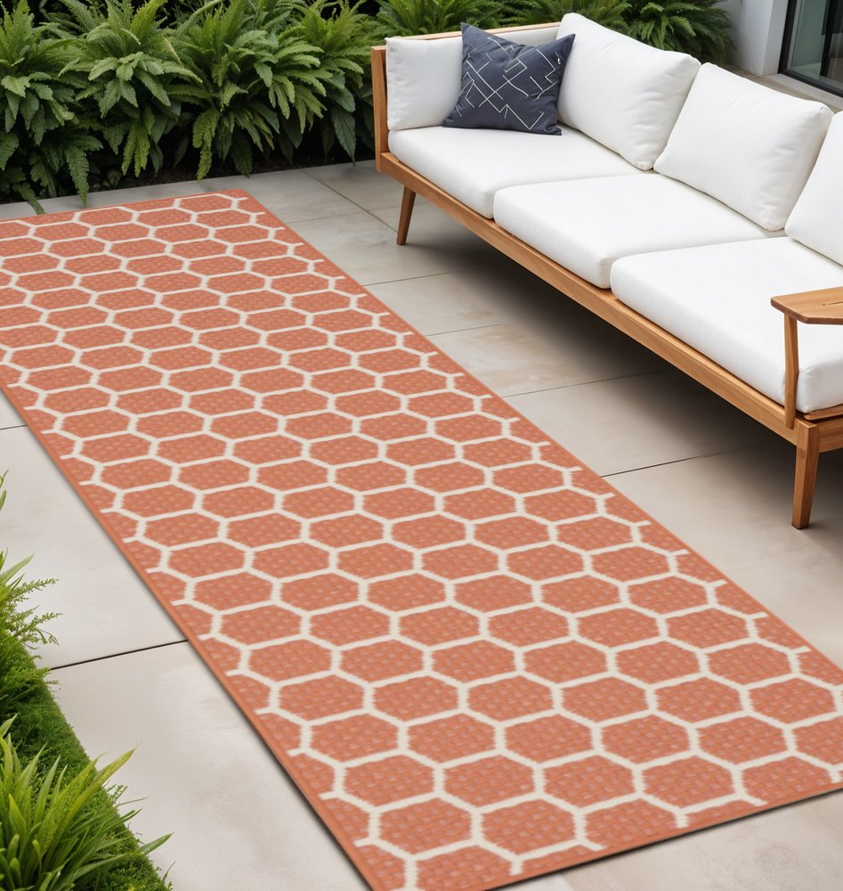 8' Coral And Ivory Geometric Indoor Outdoor Runner Rug