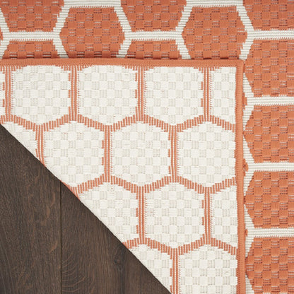 8' Coral And Ivory Geometric Indoor Outdoor Runner Rug