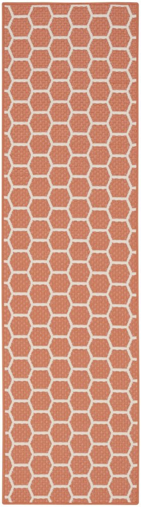 8' Coral And Ivory Geometric Indoor Outdoor Runner Rug