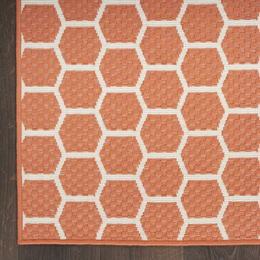 8' Coral And Ivory Geometric Indoor Outdoor Runner Rug
