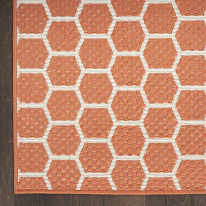 8' Coral And Ivory Geometric Indoor Outdoor Runner Rug