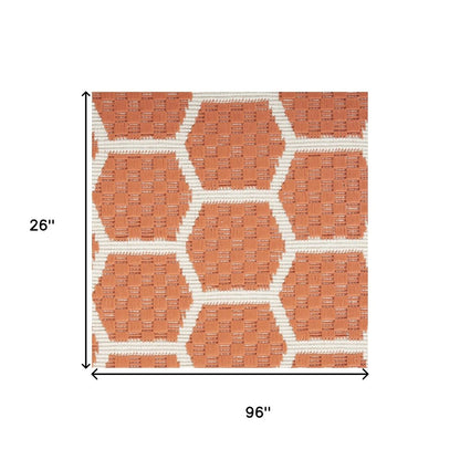 8' Coral And Ivory Geometric Indoor Outdoor Runner Rug