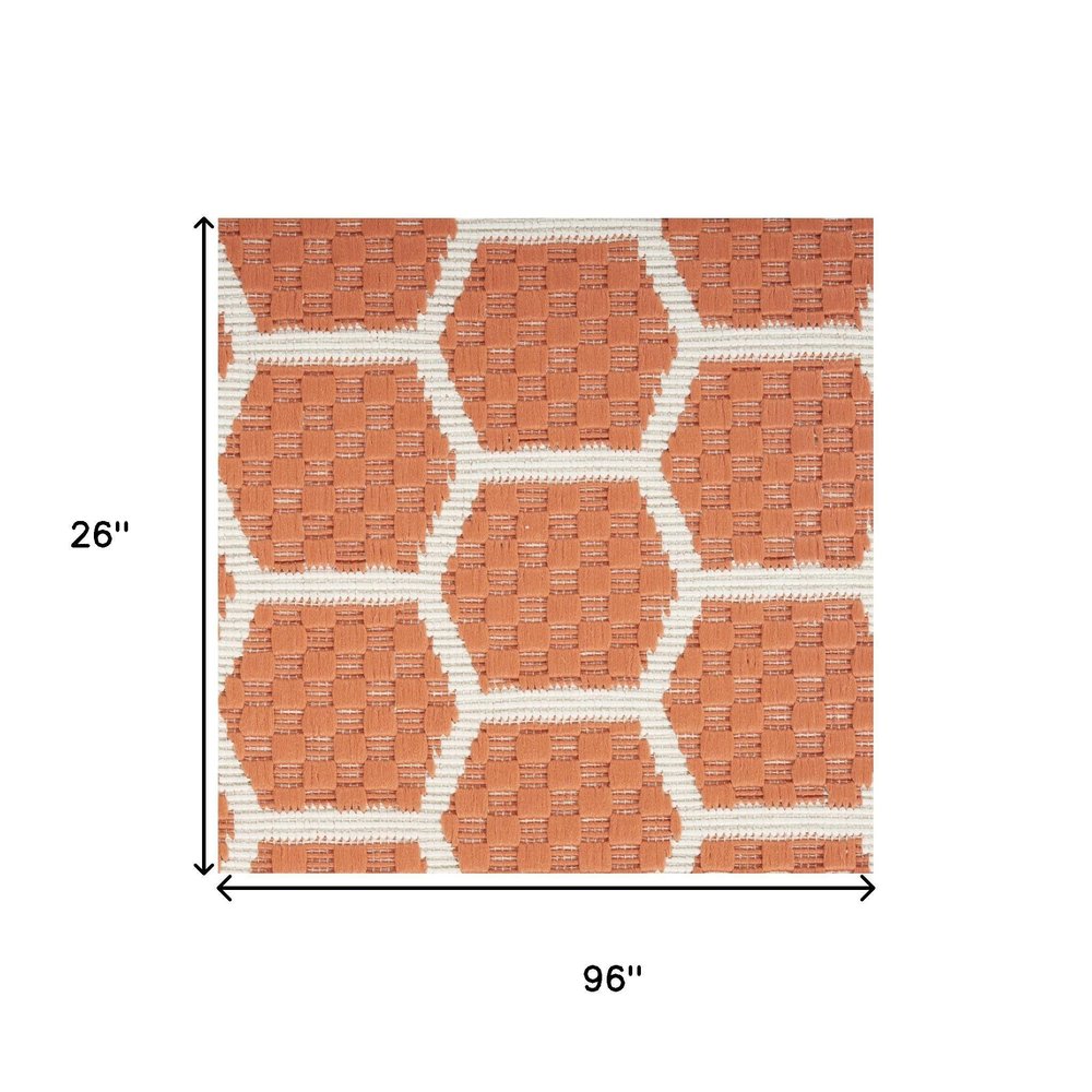 8' Coral And Ivory Geometric Indoor Outdoor Runner Rug HomeRoots