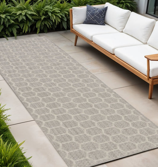 8' Gray And Ivory Geometric Indoor Outdoor Runner Rug