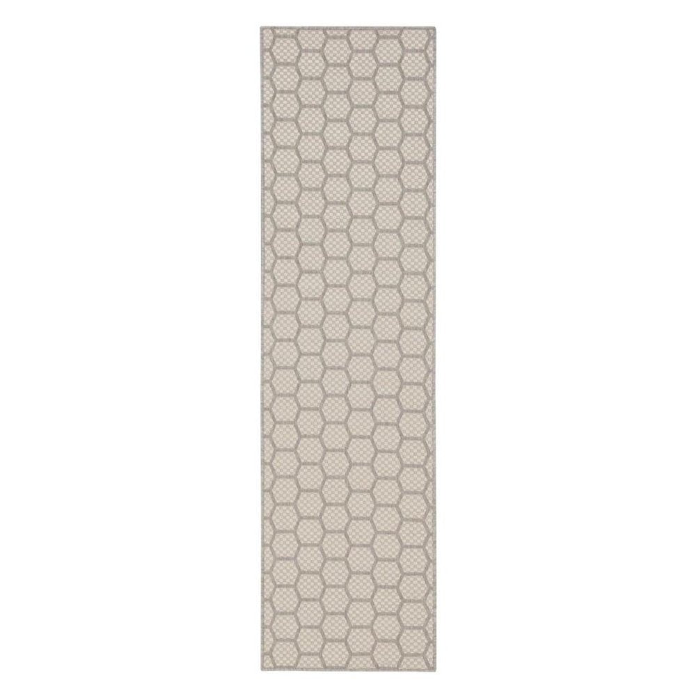 8' Gray And Ivory Geometric Indoor Outdoor Runner Rug — view 8