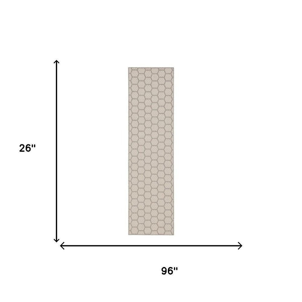 8' Gray And Ivory Geometric Indoor Outdoor Runner Rug