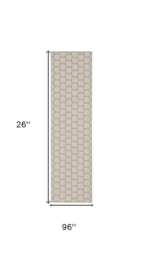 8' Gray And Ivory Geometric Indoor Outdoor Runner Rug — view 9