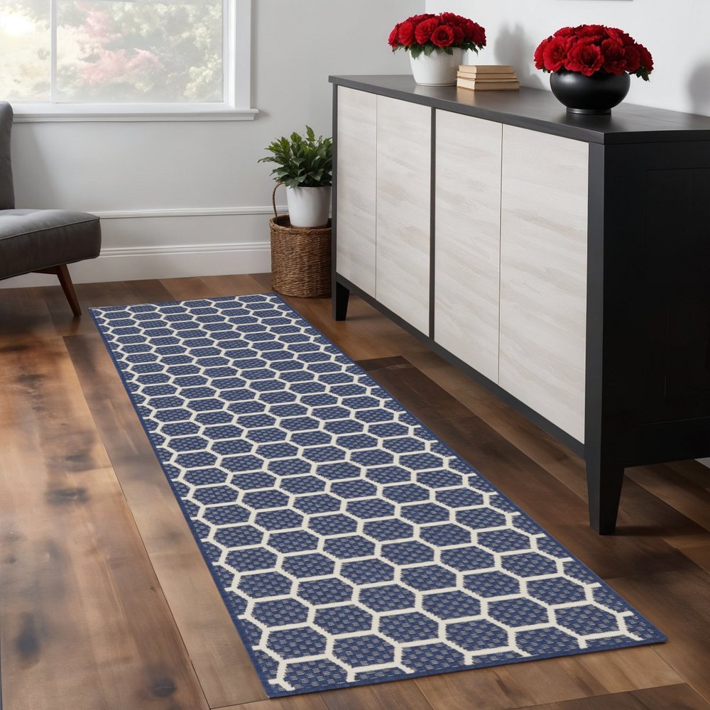 8' Navy Blue And Ivory Geometric Indoor Outdoor Runner Rug — view 6