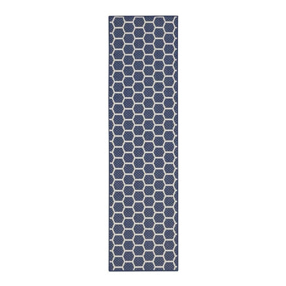 8' Navy Blue And Ivory Geometric Indoor Outdoor Runner Rug