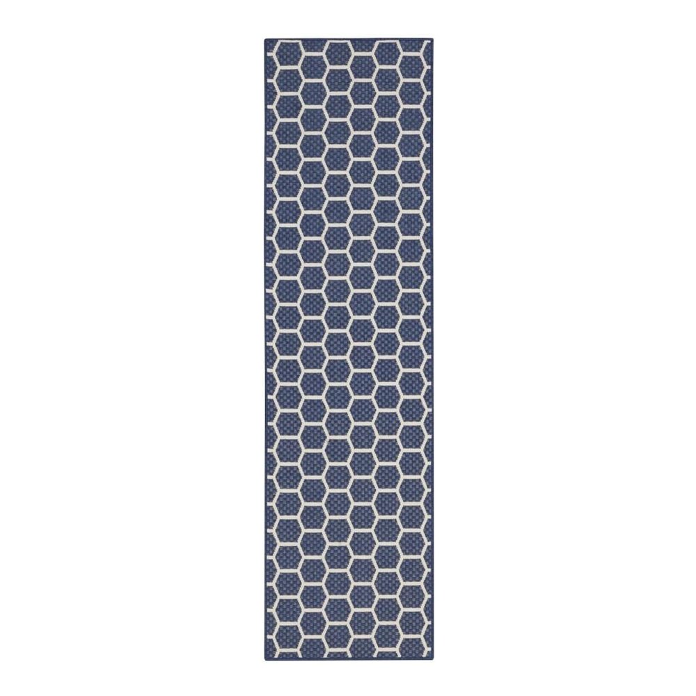 8' Navy Blue And Ivory Geometric Indoor Outdoor Runner Rug