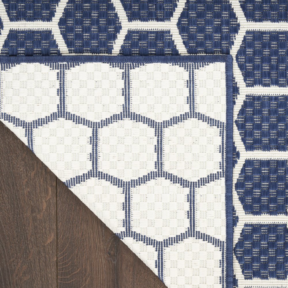 8' Navy Blue And Ivory Geometric Indoor Outdoor Runner Rug — view 1
