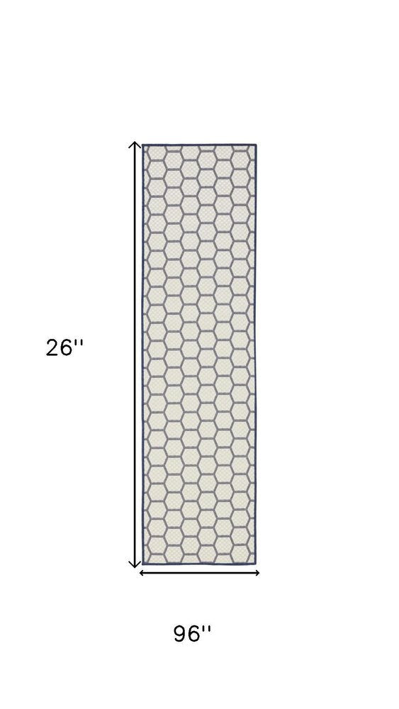 8' Navy Blue And Ivory Geometric Indoor Outdoor Runner Rug — view 8