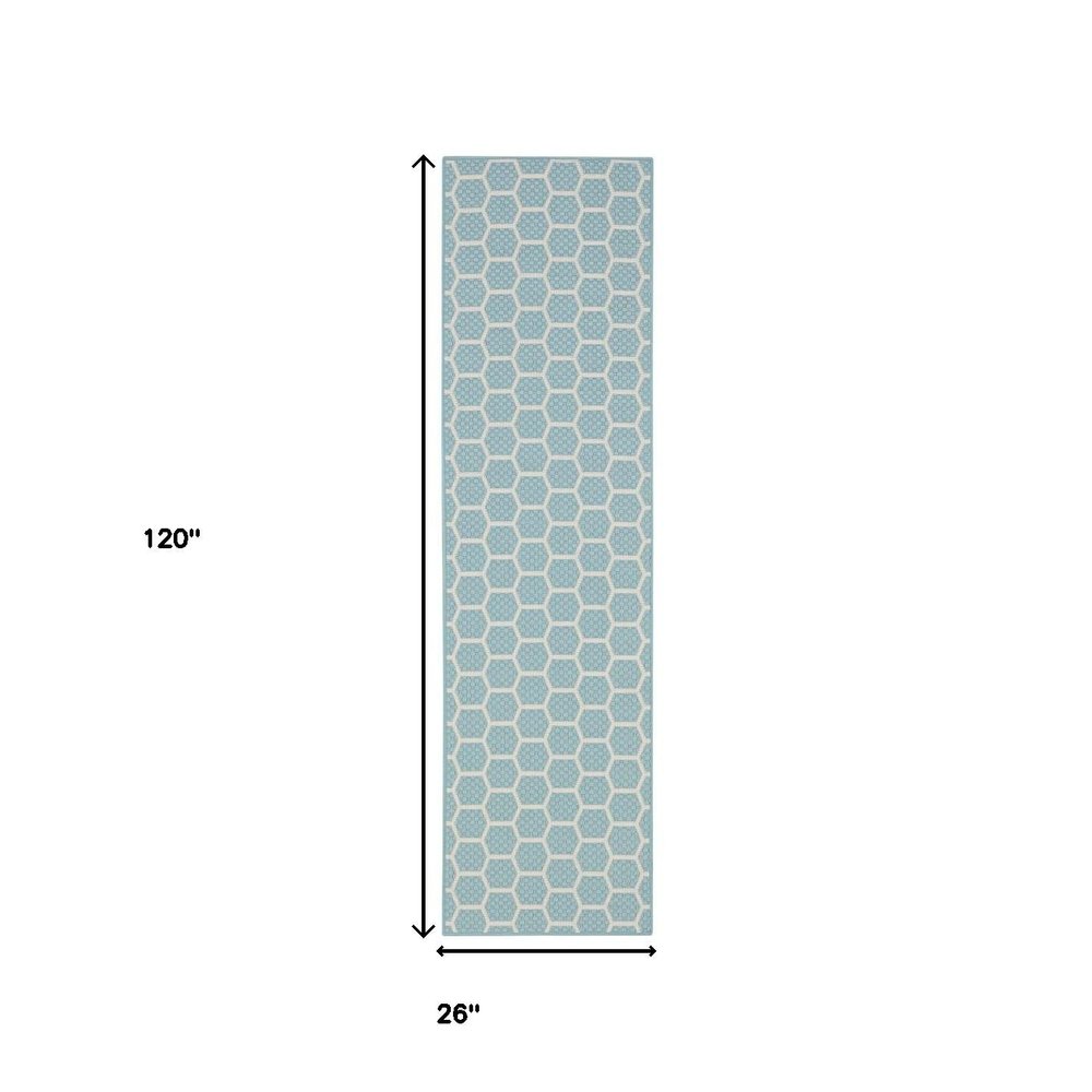 10' Aqua And White Geometric Indoor Outdoor Runner Rug — view 1