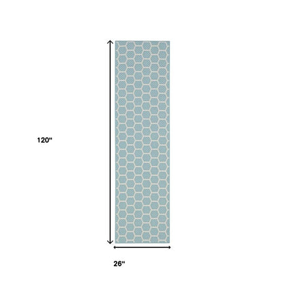 10' Aqua And White Geometric Indoor Outdoor Runner Rug HomeRoots