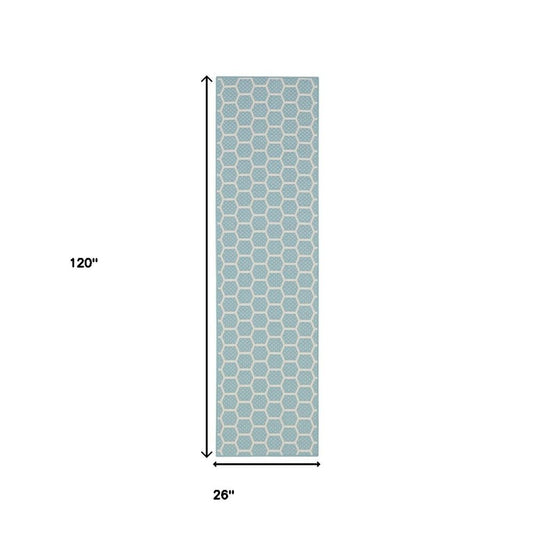 10' Aqua And White Geometric Indoor Outdoor Runner Rug