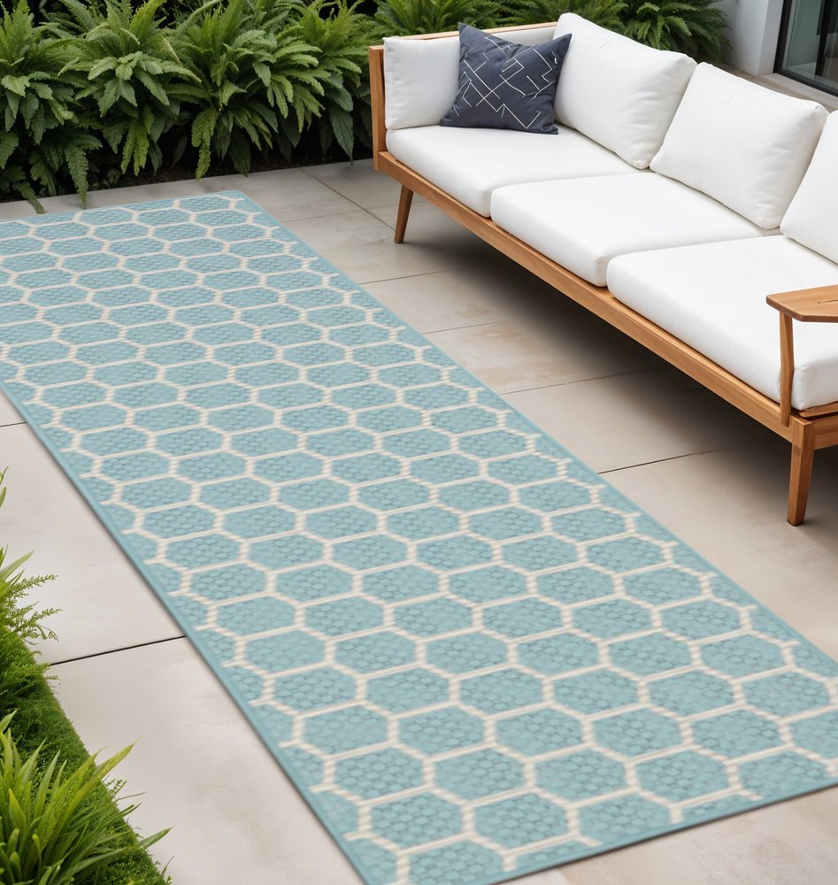 10' Aqua And White Geometric Indoor Outdoor Runner Rug HomeRoots