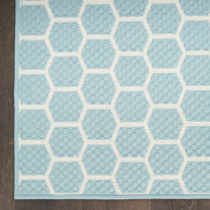 10' Aqua And White Geometric Indoor Outdoor Runner Rug HomeRoots