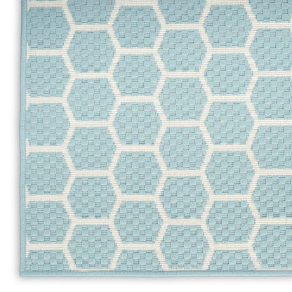 10' Aqua And White Geometric Indoor Outdoor Runner Rug HomeRoots