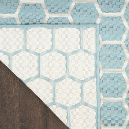 10' Aqua And White Geometric Indoor Outdoor Runner Rug HomeRoots