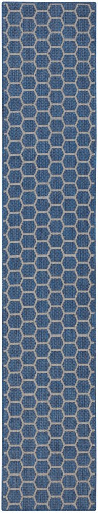 10' Blue And Ivory Geometric Indoor Outdoor Runner Rug