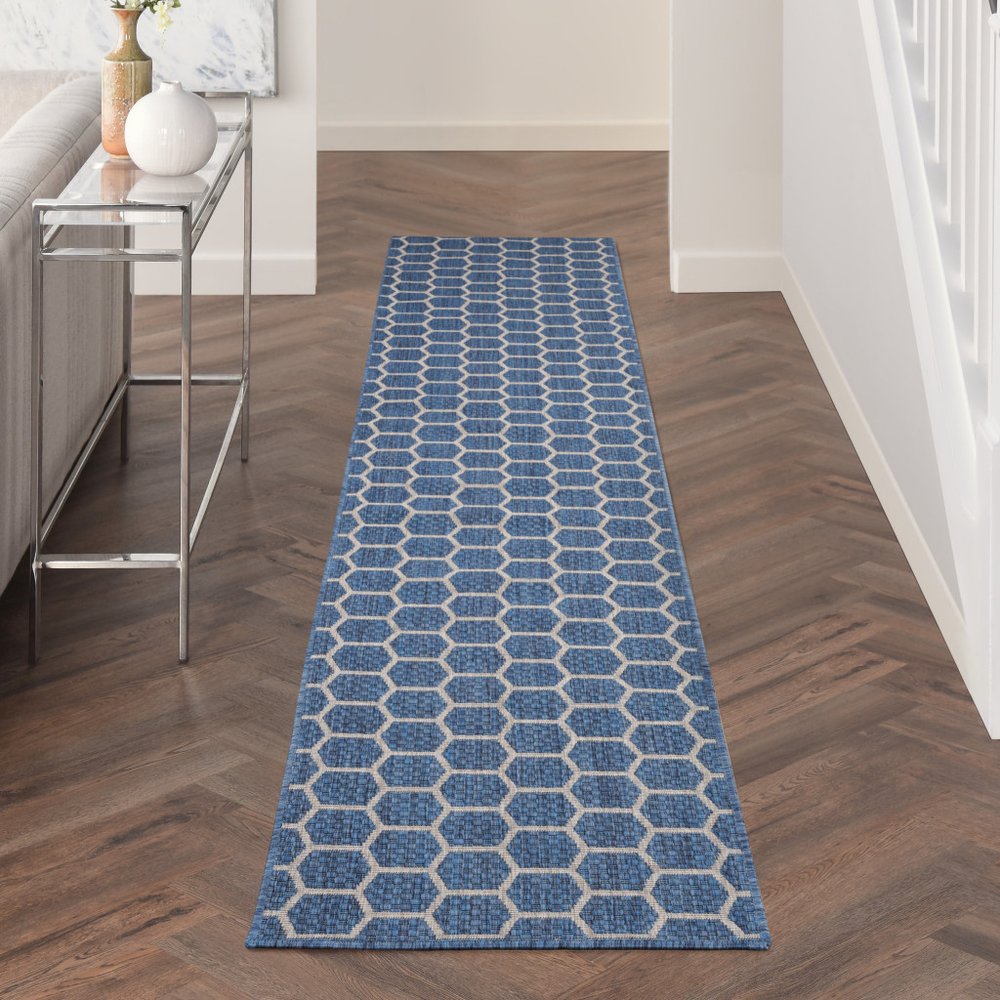 10' Blue And Ivory Geometric Indoor Outdoor Runner Rug — view 7