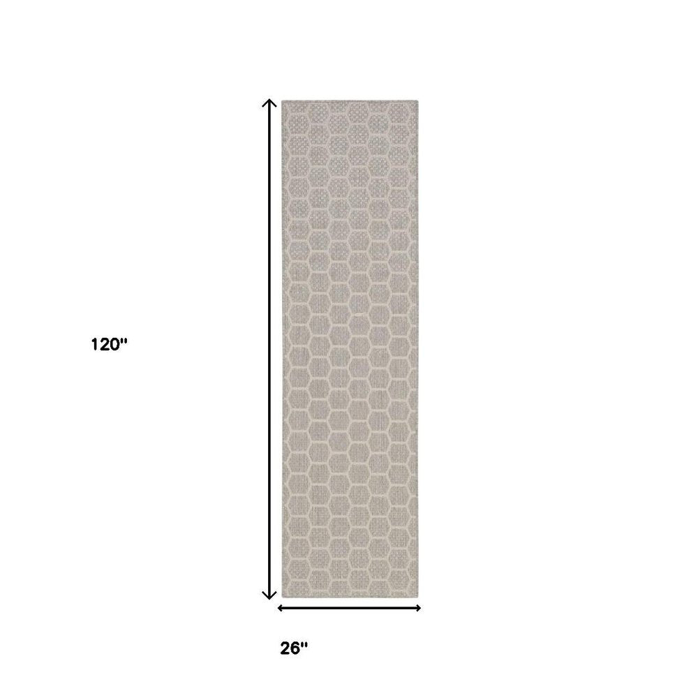 10' Gray And Ivory Geometric Indoor Outdoor Runner Rug — view 1
