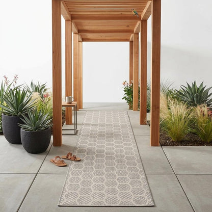 10' Gray And Ivory Geometric Indoor Outdoor Runner Rug HomeRoots