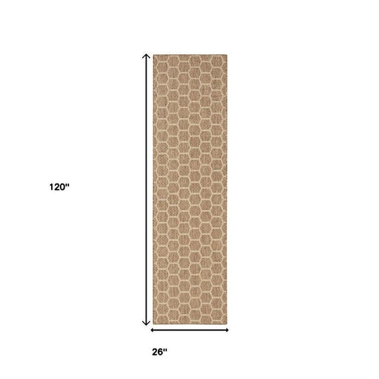 10' Natural And Beige Geometric Indoor Outdoor Runner Rug