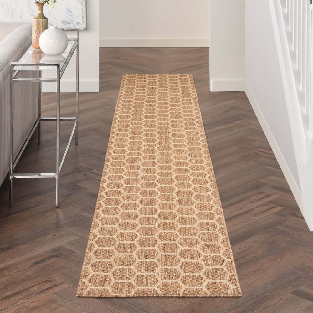 10' Natural And Beige Geometric Indoor Outdoor Runner Rug — view 7