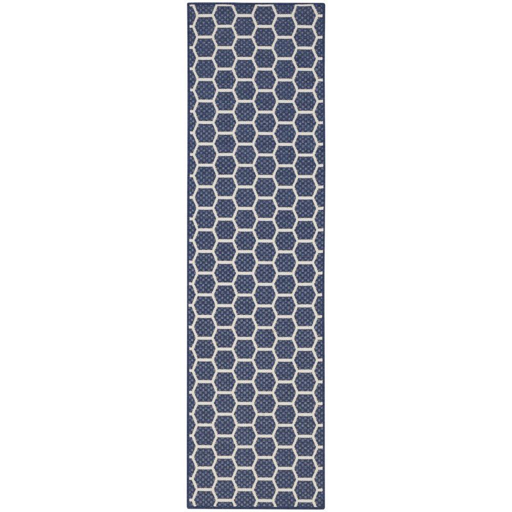10' Navy Blue And Ivory Geometric Indoor Outdoor Runner Rug HomeRoots