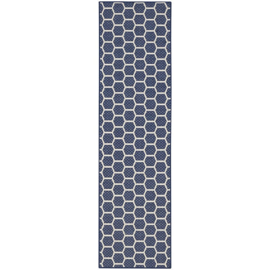 10' Navy Blue And Ivory Geometric Indoor Outdoor Runner Rug