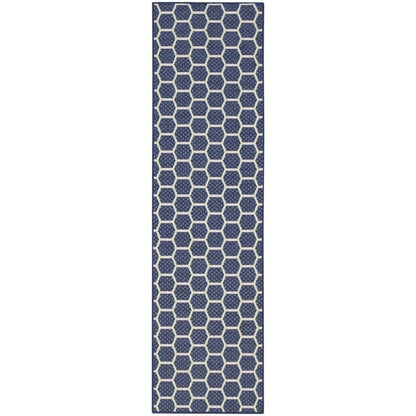 10' Navy Blue And Ivory Geometric Indoor Outdoor Runner Rug