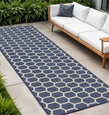 10' Navy Blue And Ivory Geometric Indoor Outdoor Runner Rug HomeRoots