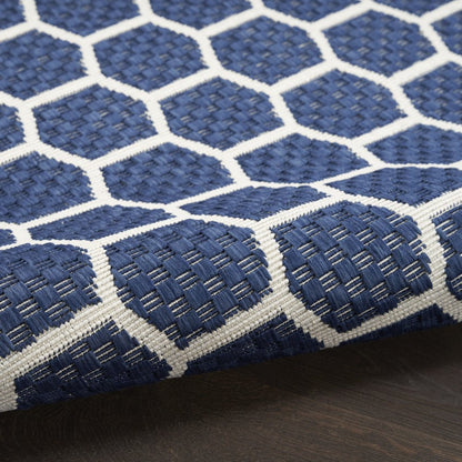 10' Navy Blue And Ivory Geometric Indoor Outdoor Runner Rug HomeRoots
