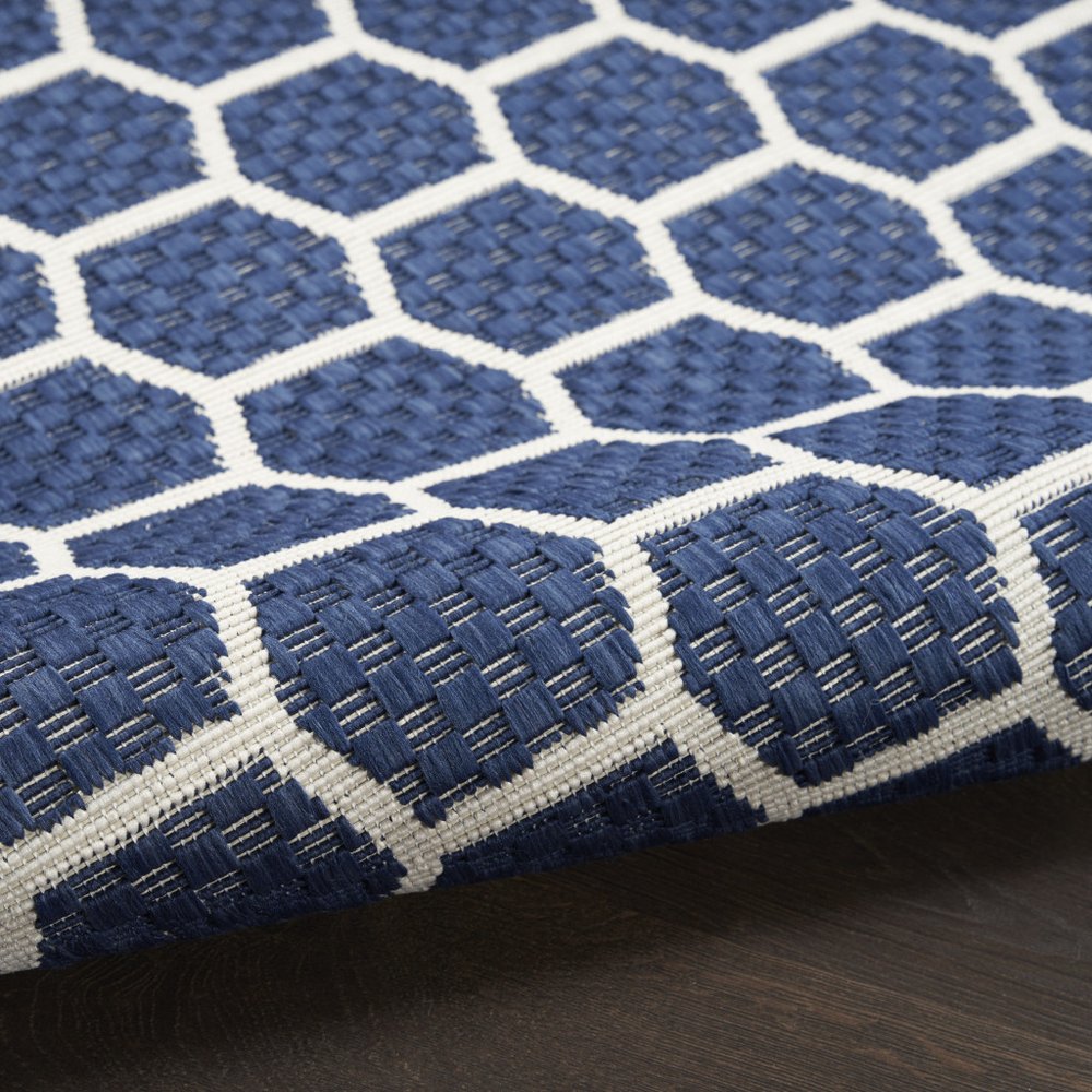 10' Navy Blue And Ivory Geometric Indoor Outdoor Runner Rug