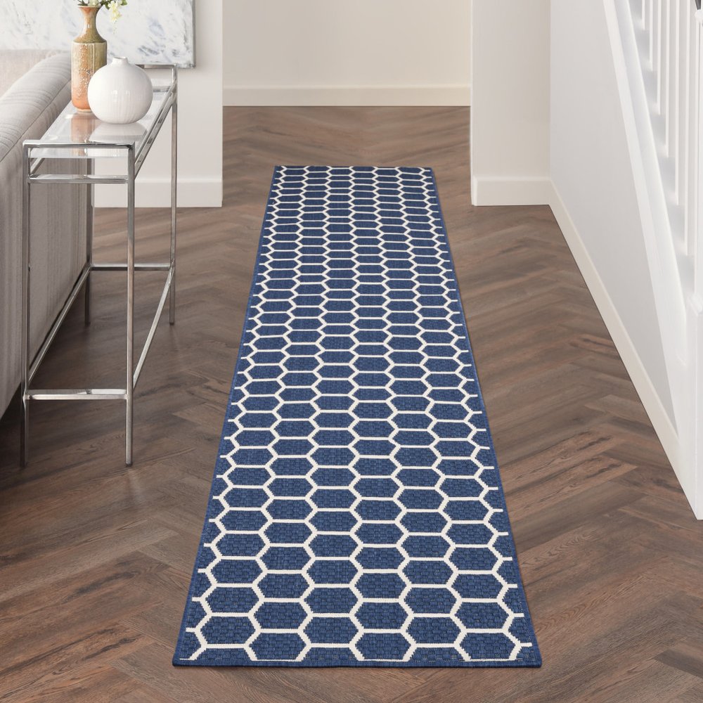 10' Navy Blue And Ivory Geometric Indoor Outdoor Runner Rug — view 7
