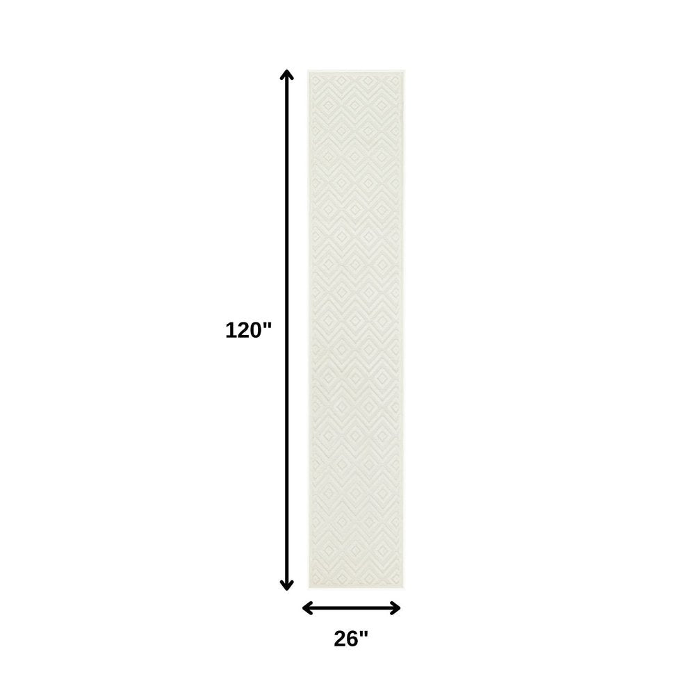 10' Ivory And White Geometric Indoor Outdoor Runner Rug HomeRoots