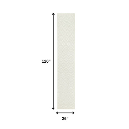 10' Ivory And White Geometric Indoor Outdoor Runner Rug HomeRoots