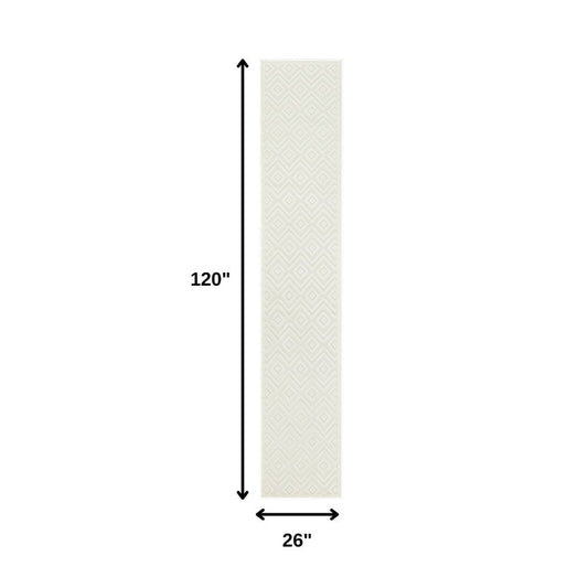 10' Ivory And White Geometric Indoor Outdoor Runner Rug