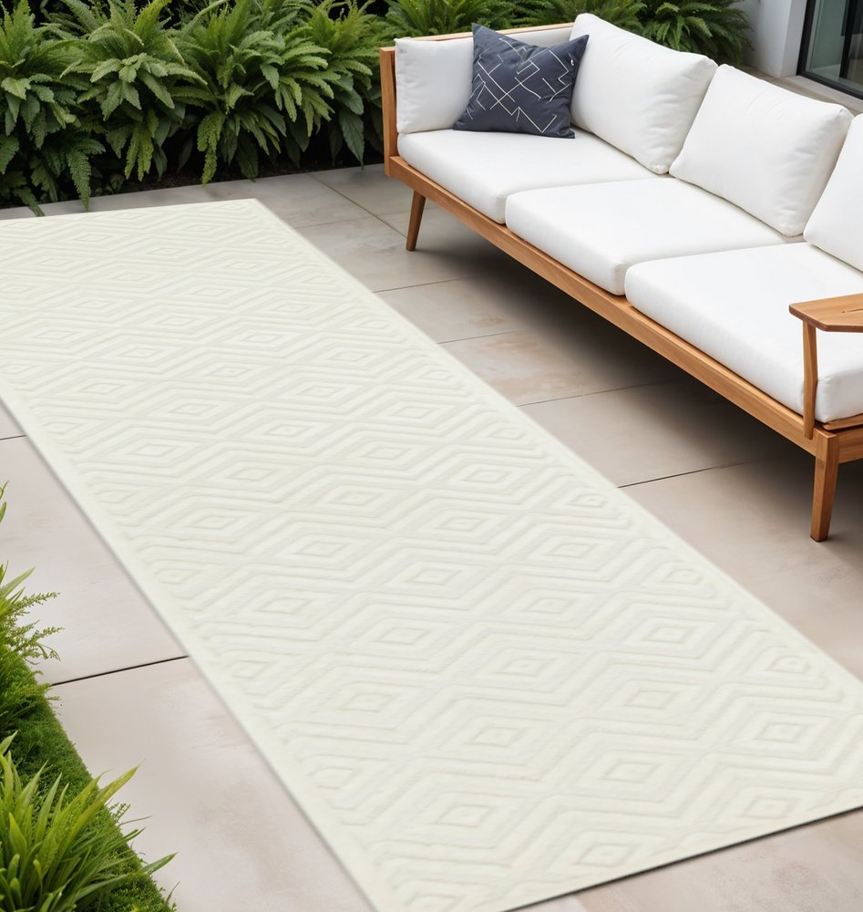 10' Ivory And White Geometric Indoor Outdoor Runner Rug — view 1