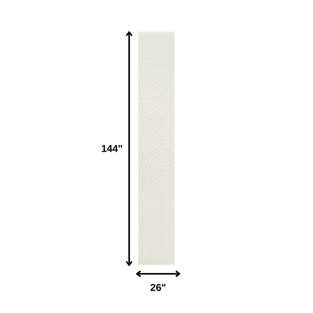 12' Ivory And White Geometric Indoor Outdoor Runner Rug